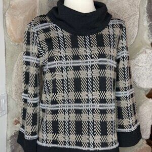 Joseph Ribkoff Black/Multi Plaid Sleeves Cowl Neck Sweater Top Size 6
